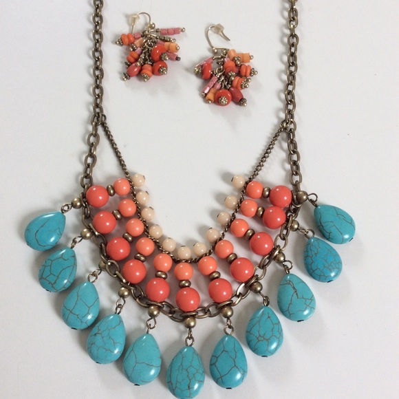 Jewelry - Turquoise & Orange Colored Necklace & Earrings Set